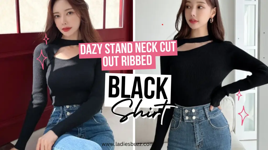 DAZY Stand Neck Cut Out Ribbed Black Shirt