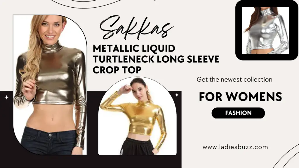 Metallic Liquid Turtleneck Long Sleeve Crop Top