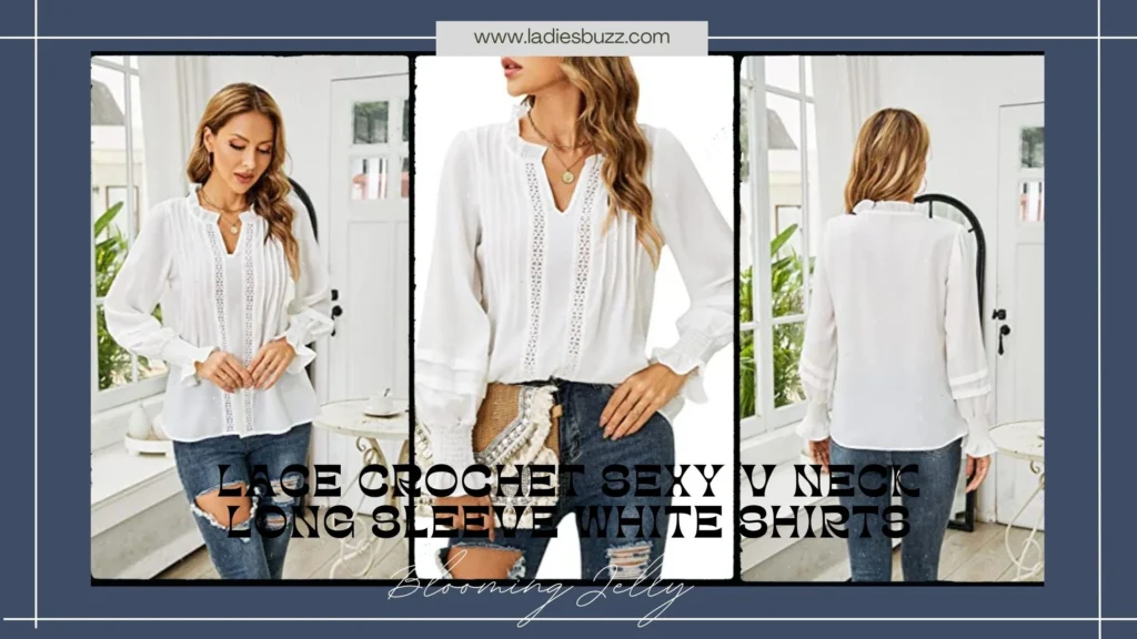  Blooming Jelly Lace Crochet Sexy V Neck Long Sleeve White Shirts