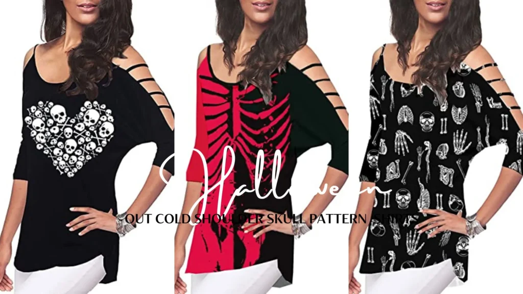 out Cold Shoulder Skull Pattern Halloween Shirts for women