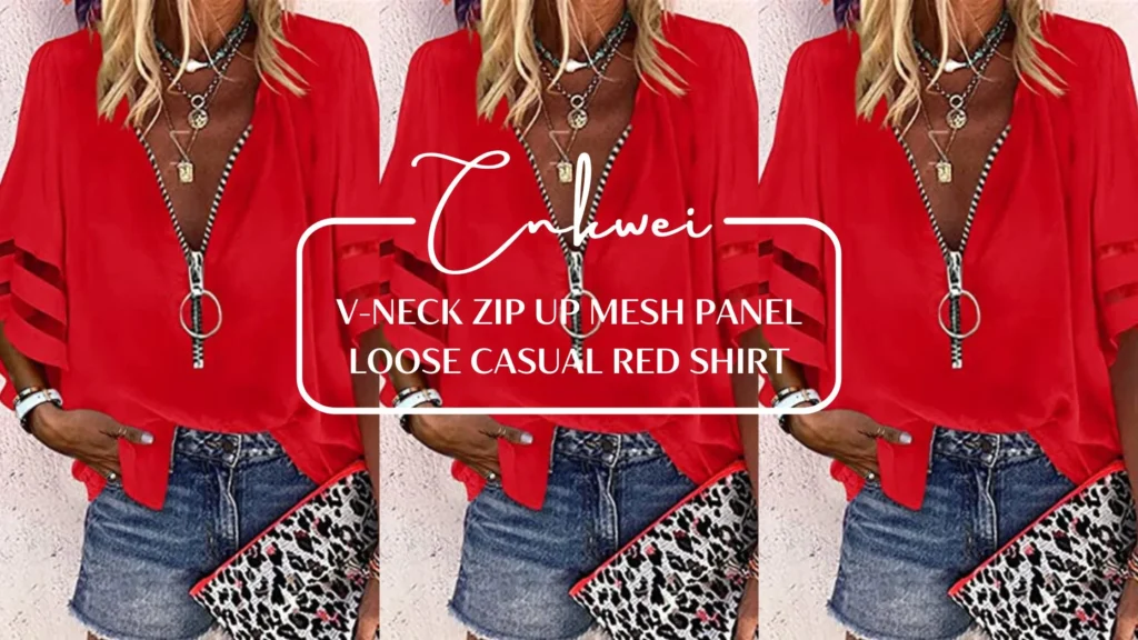 Cnkwei V-neck Zip up Mesh Panel Loose Casual Red Shirt