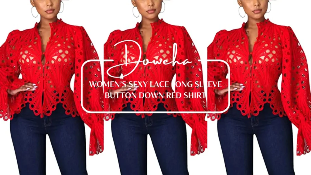 Doweha Women’s Sexy Lace Long Sleeve Button down Red Shirt