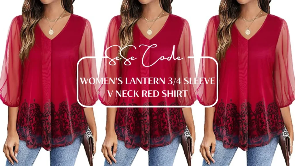 SeSe Code Women’s Lantern 3/4 Sleeve V Neck Red Shirt