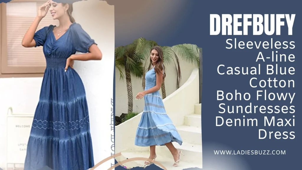 DREFBUFY Sleeveless A-line Casual Blue Cotton Boho Flowy Sundresses Denim Maxi Dress