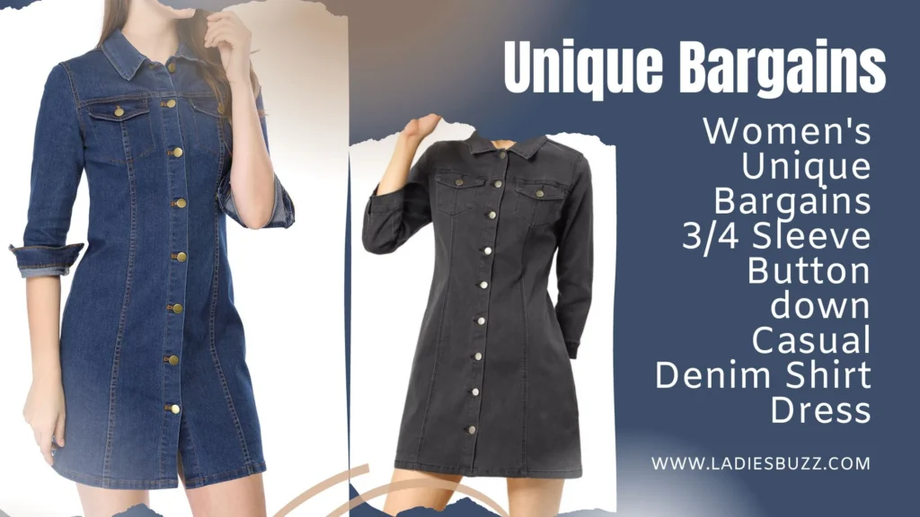 Women's Unique Bargains 3/4 Sleeve Button down Casual Denim Shirt Dress