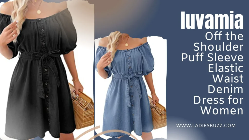 luvamia Off the Shoulder Puff Sleeve Elastic Waist Denim Dress for Women