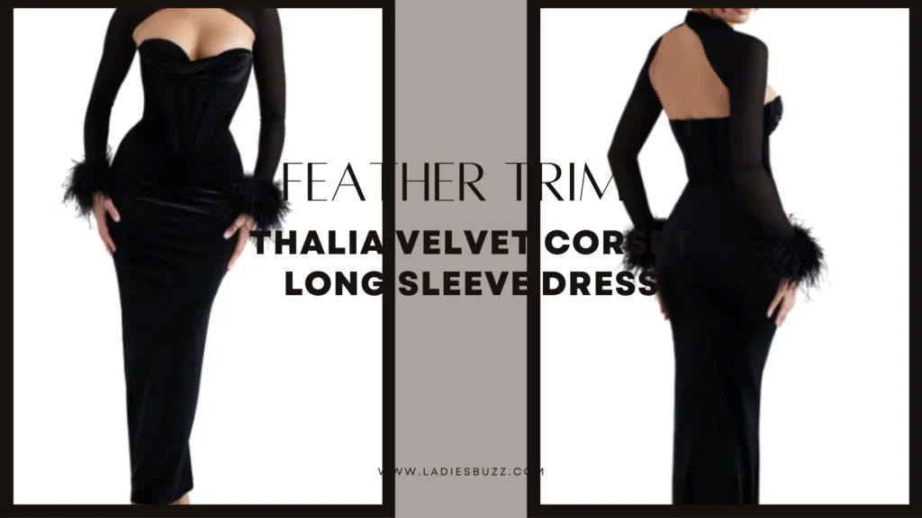 Feather Trim Thalia Velvet Corset Long Sleeve Dress