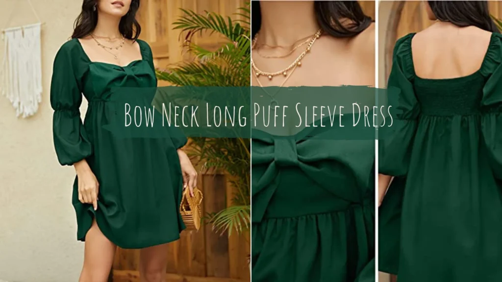 EXLURA Bow Neck Long Puff Sleeve Dress Empire Waist Mini Dress