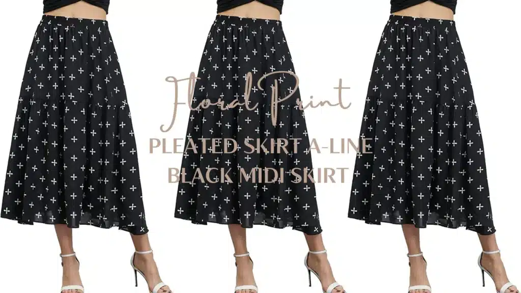 Floral Print Pleated Skirt A-Line Black Midi Skirt